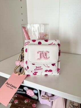 Juicy Couture “Cherry On Top” White & Pink Cherry Print Keychain Mini Wallet